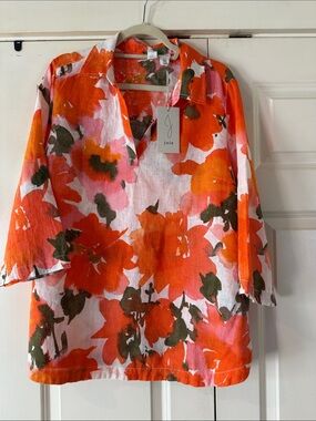 Joie Orange Pink Floral Popover Blouse with curved hem and ties!
